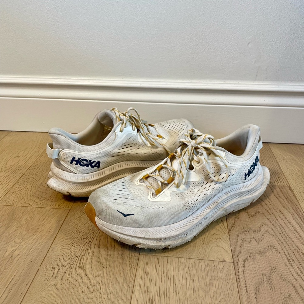 Hoka White and Tan Athletic Shoes